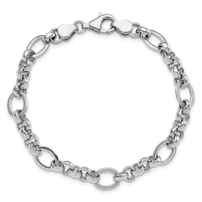 Sterling Silver Rhodium-Plated Polished/textured Fancy Link 7.5in Bracelet