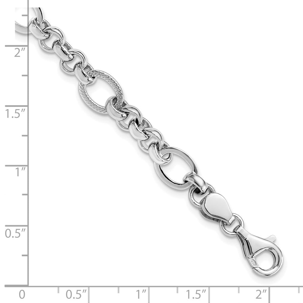 Sterling Silver Rhodium-Plated Polished/textured Fancy Link 7.5in Bracelet
