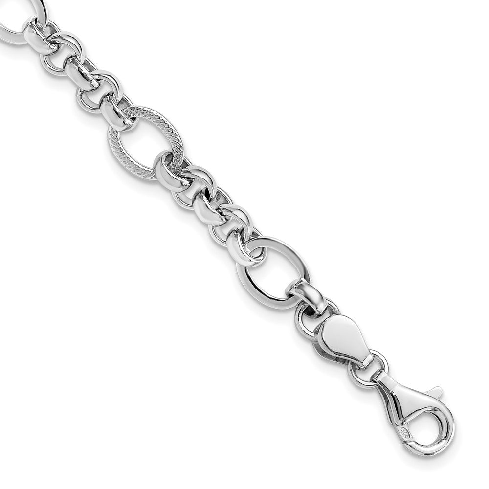 Sterling Silver Rhodium-Plated Polished/textured Fancy Link 7.5in Bracelet