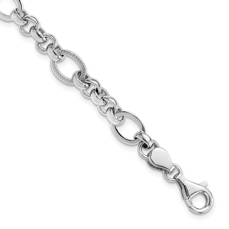 Sterling Silver Rhodium-Plated Polished/textured Fancy Link 7.5in Bracelet