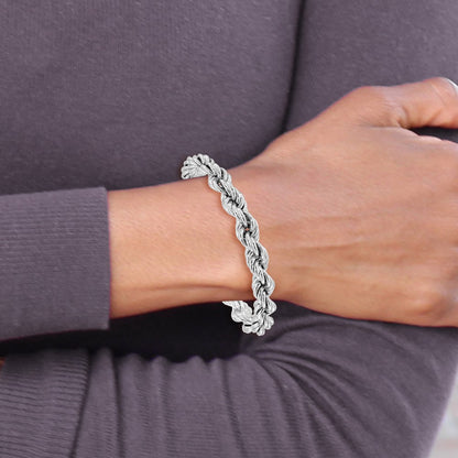 Sterling Silver Rhodium-Plated Hollow Rope 7in w/.5in Ext. Bracelet