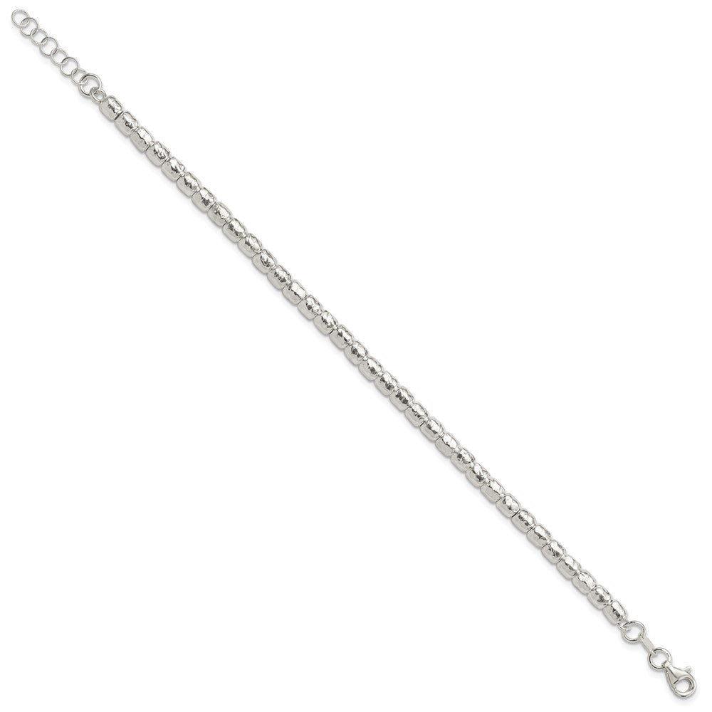 Sterling Silver Rhodium Plated Polish/hammered Beaded w/1 in Ext. Bracelet