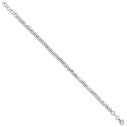 Sterling Silver Rhodium Plated Polish/hammered Beaded w/1 in Ext. Bracelet