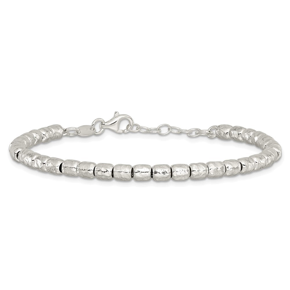 Sterling Silver Rhodium Plated Polish/hammered Beaded w/1 in Ext. Bracelet