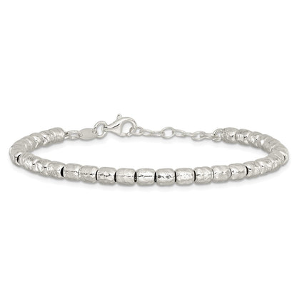 Sterling Silver Rhodium Plated Polish/hammered Beaded w/1 in Ext. Bracelet