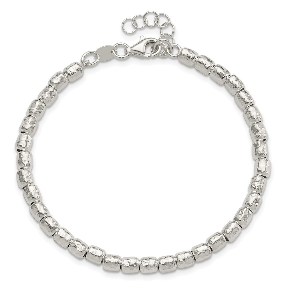 Sterling Silver Rhodium Plated Polish/hammered Beaded w/1 in Ext. Bracelet