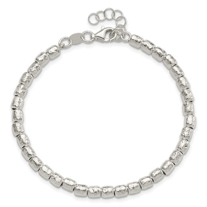 Sterling Silver Rhodium Plated Polish/hammered Beaded w/1 in Ext. Bracelet