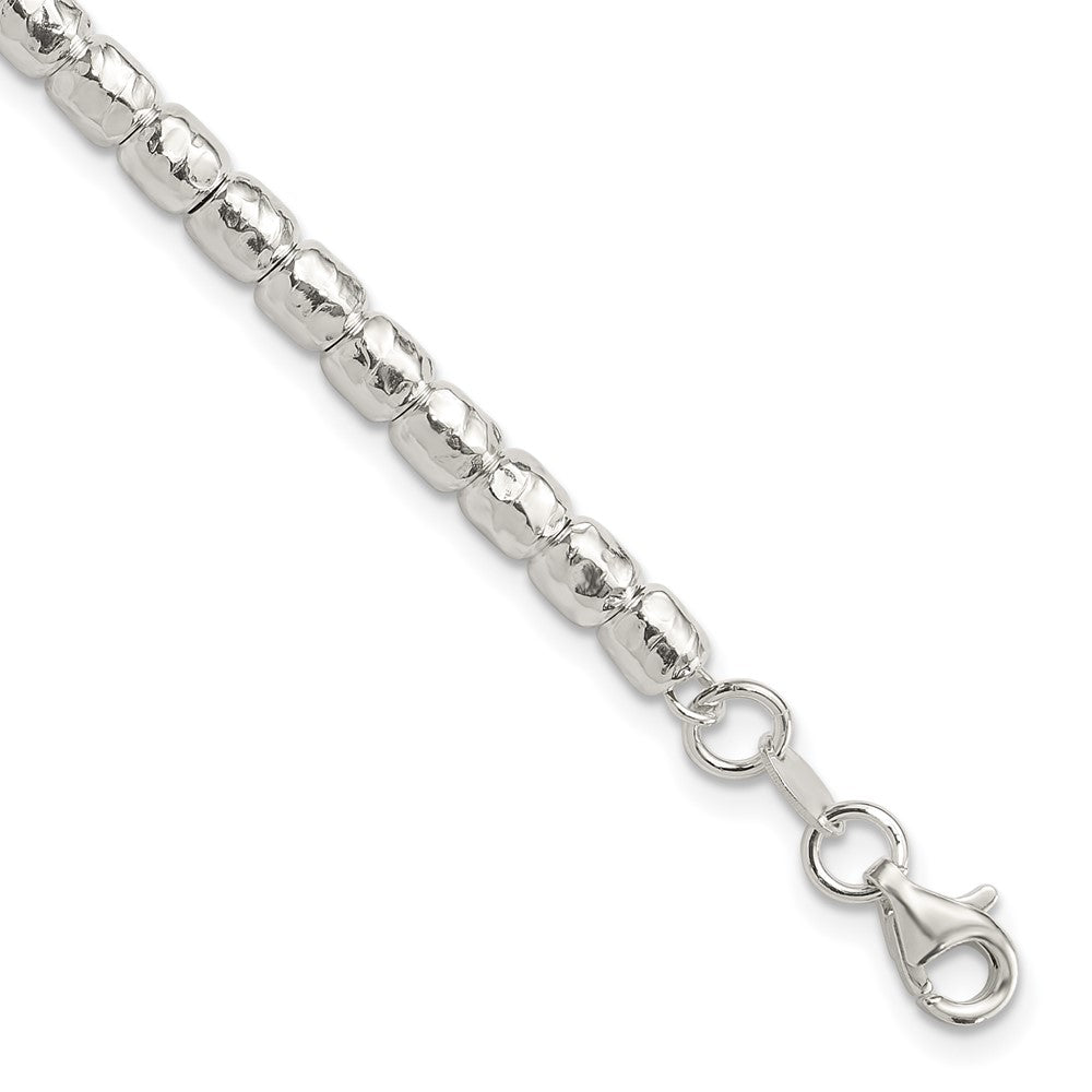 Sterling Silver Rhodium Plated Polish/hammered Beaded w/1 in Ext. Bracelet