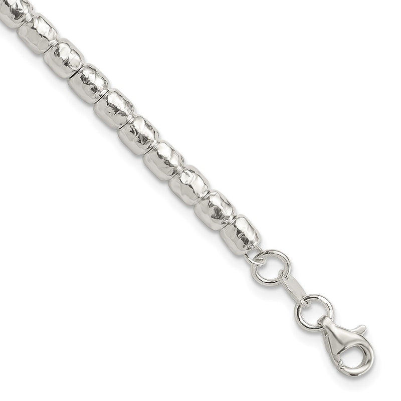 Sterling Silver Rhodium Plated Polish/hammered Beaded w/1 in Ext. Bracelet