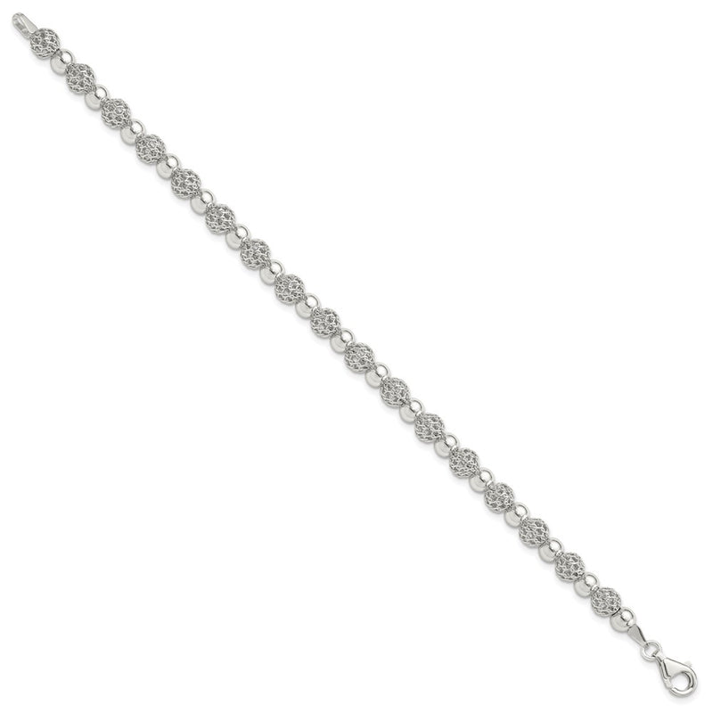 Sterling Silver Rhodium-Plated Polished Beaded 7.5in Bracelet