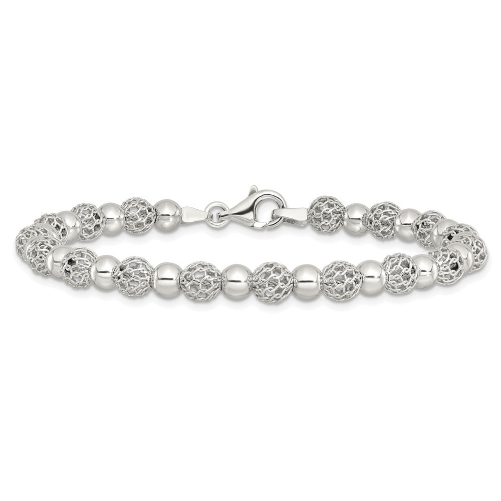 Sterling Silver Rhodium-Plated Polished Beaded 7.5in Bracelet