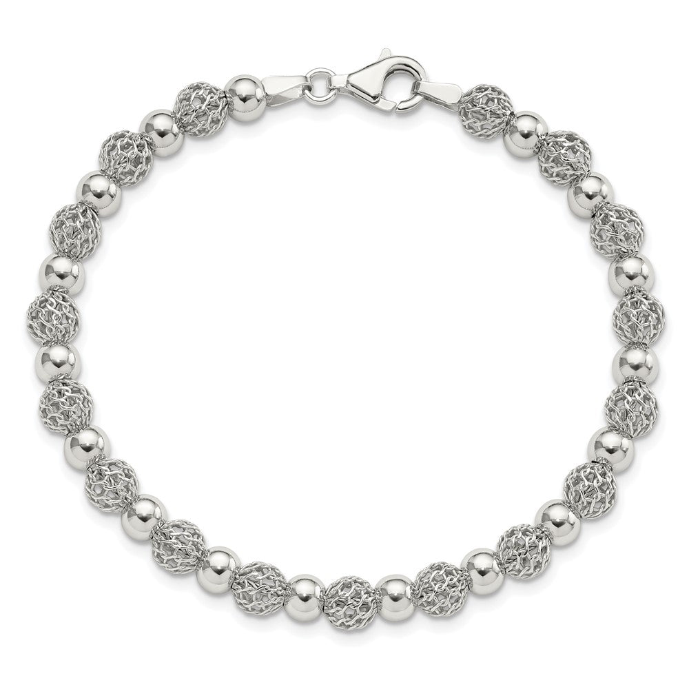 Sterling Silver Rhodium-Plated Polished Beaded 7.5in Bracelet