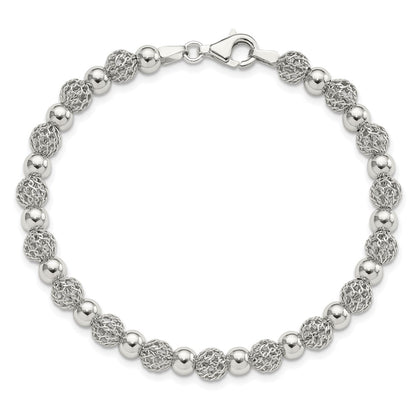 Sterling Silver Rhodium-Plated Polished Beaded 7.5in Bracelet