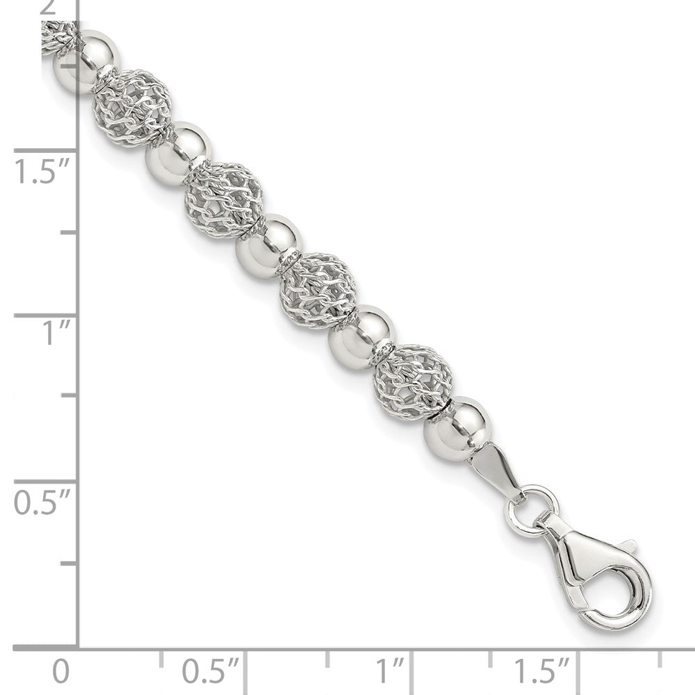 Sterling Silver Rhodium-Plated Polished Beaded 7.5in Bracelet