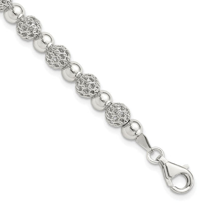 Sterling Silver Rhodium-Plated Polished Beaded 7.5in Bracelet