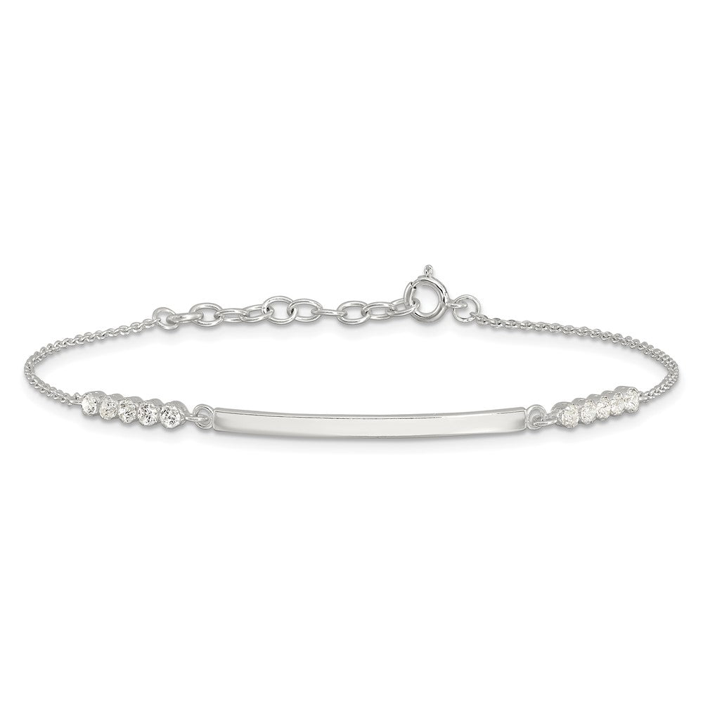 Sterling Silver Rhodium-Plated CZ 7in w/1in Ext. Id Bracelet