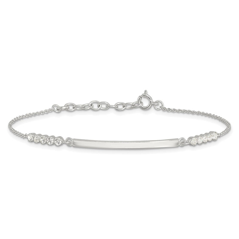 Sterling Silver Rhodium-Plated CZ 7in w/1in Ext. Id Bracelet