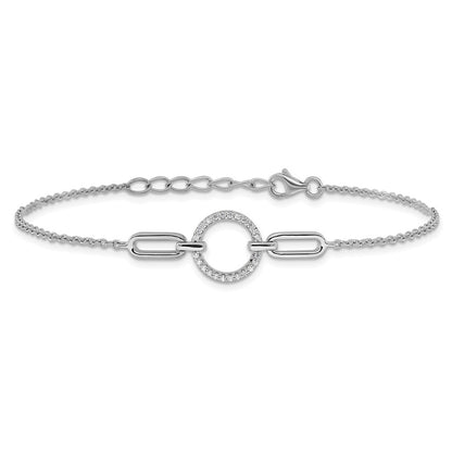 Sterling Silver Rhodium-Plated Fancy CZ Circle 7in w/1in Ext Bracelet