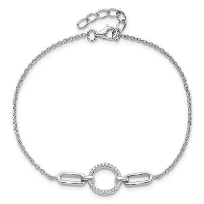 Sterling Silver Rhodium-Plated Fancy CZ Circle 7in w/1in Ext Bracelet