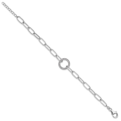 Sterling Silver Rhodium-Plated Paperclip CZ Circle with 1in Ext. Bracelet
