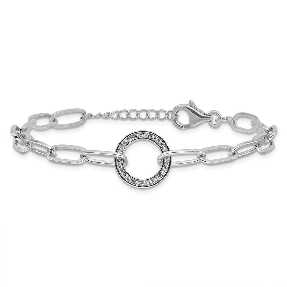 Sterling Silver Rhodium-Plated Paperclip CZ Circle with 1in Ext. Bracelet