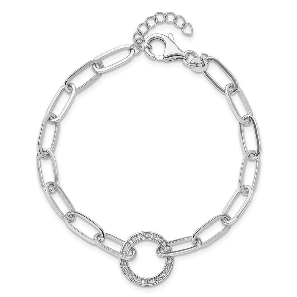 Sterling Silver Rhodium-Plated Paperclip CZ Circle with 1in Ext. Bracelet