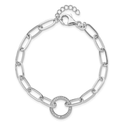 Sterling Silver Rhodium-Plated Paperclip CZ Circle with 1in Ext. Bracelet