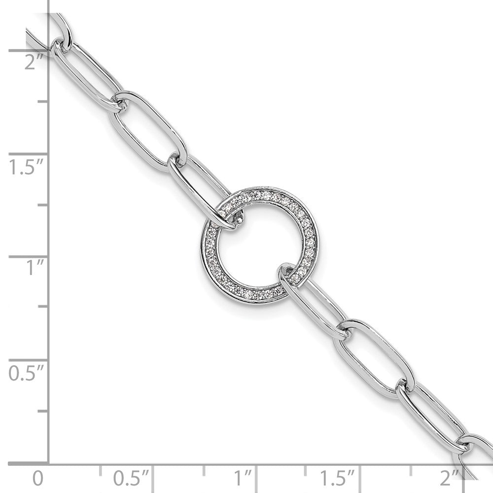 Sterling Silver Rhodium-Plated Paperclip CZ Circle with 1in Ext. Bracelet