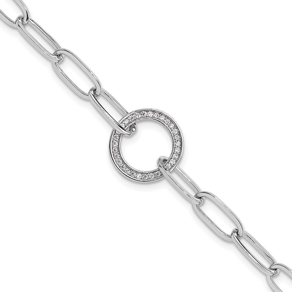 Sterling Silver Rhodium-Plated Paperclip CZ Circle with 1in Ext. Bracelet