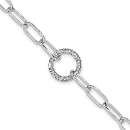 Sterling Silver Rhodium-Plated Paperclip CZ Circle with 1in Ext. Bracelet