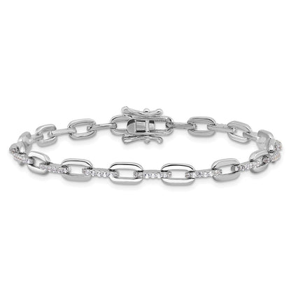 Sterling Silver Rhodium-Plated with CZ Link 7in Bracelet