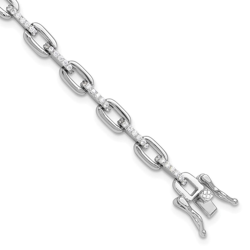 Sterling Silver Rhodium-Plated with CZ Link 7in Bracelet
