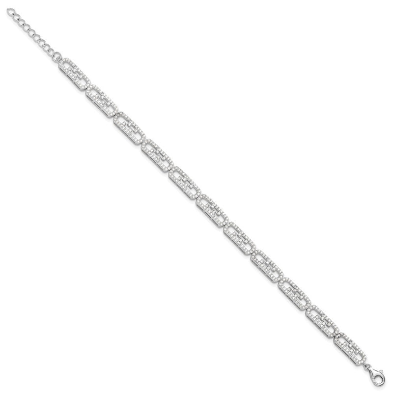 Sterling Silver Rhodium-Plated CZ Fancy w/1in Ext. Bracelet
