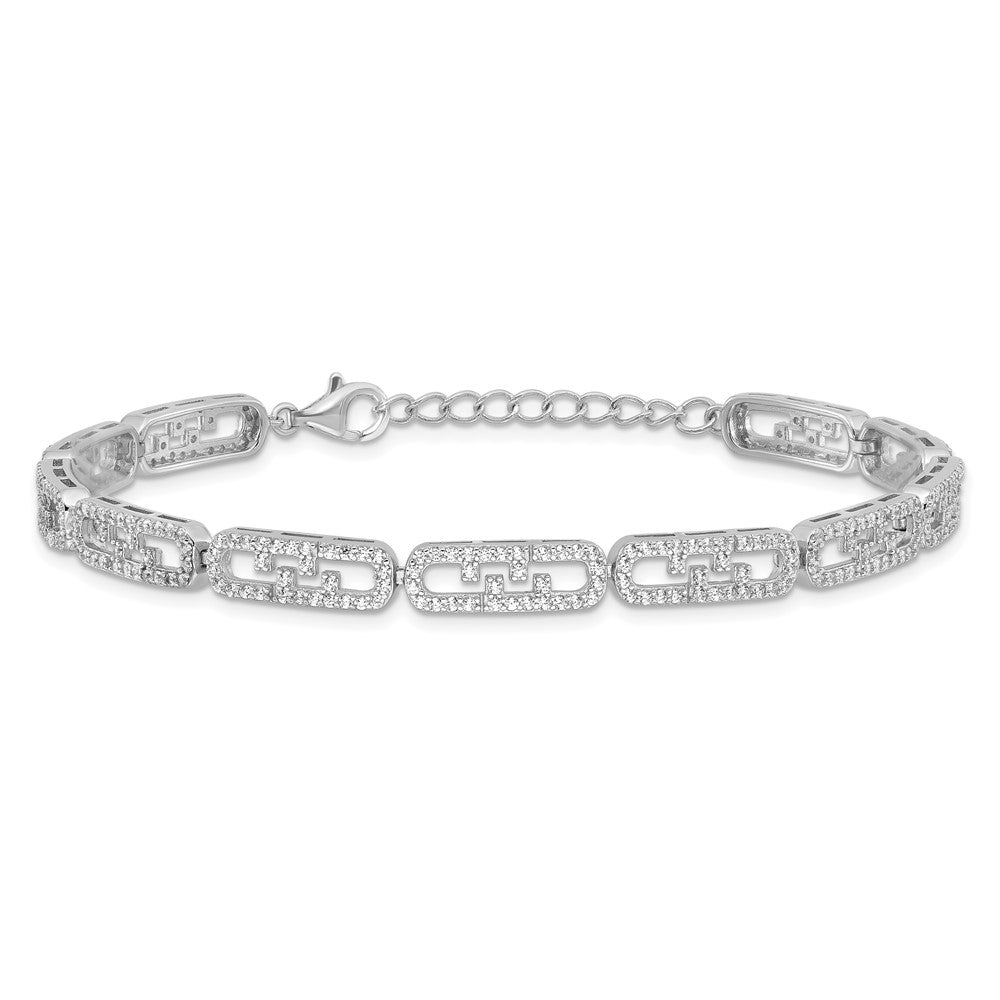 Sterling Silver Rhodium-Plated CZ Fancy w/1in Ext. Bracelet