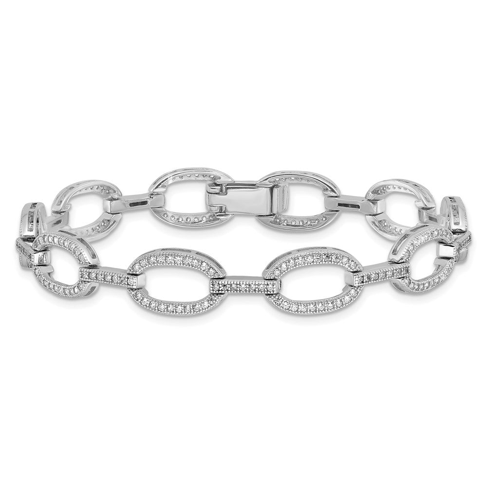 Sterling Silver Rhodium-Plated CZ Oval Link Bracelet