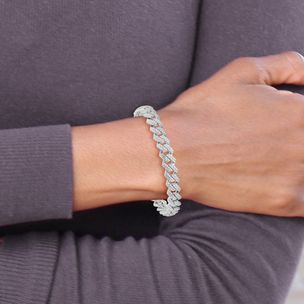 Sterling Silver Rhodium-Plated Micro Pavé CZ Monaco Link 7.5in Bracelet