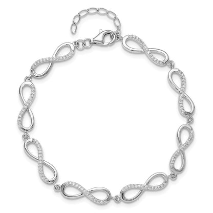 Sterling Silver Rhodium Plated CZ Infinity Link w/1in Ext. Bracelet