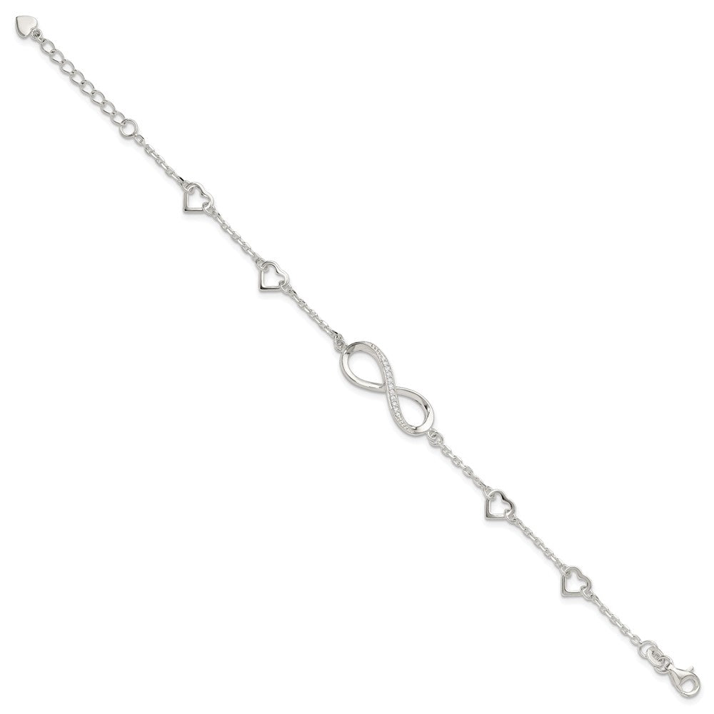 Sterling Silver Rhodium-Plated CZ Infinity/hearts 7in w/1in Ext Bracelet