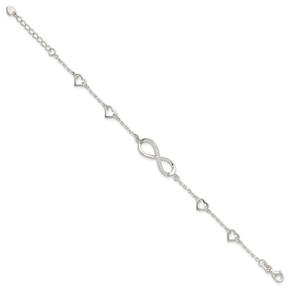 Sterling Silver Rhodium-Plated CZ Infinity/hearts 7in w/1in Ext Bracelet