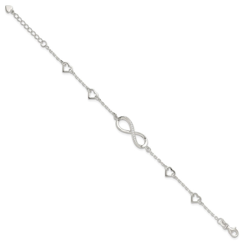 Sterling Silver Rhodium-Plated CZ Infinity/hearts 7in w/1in Ext Bracelet