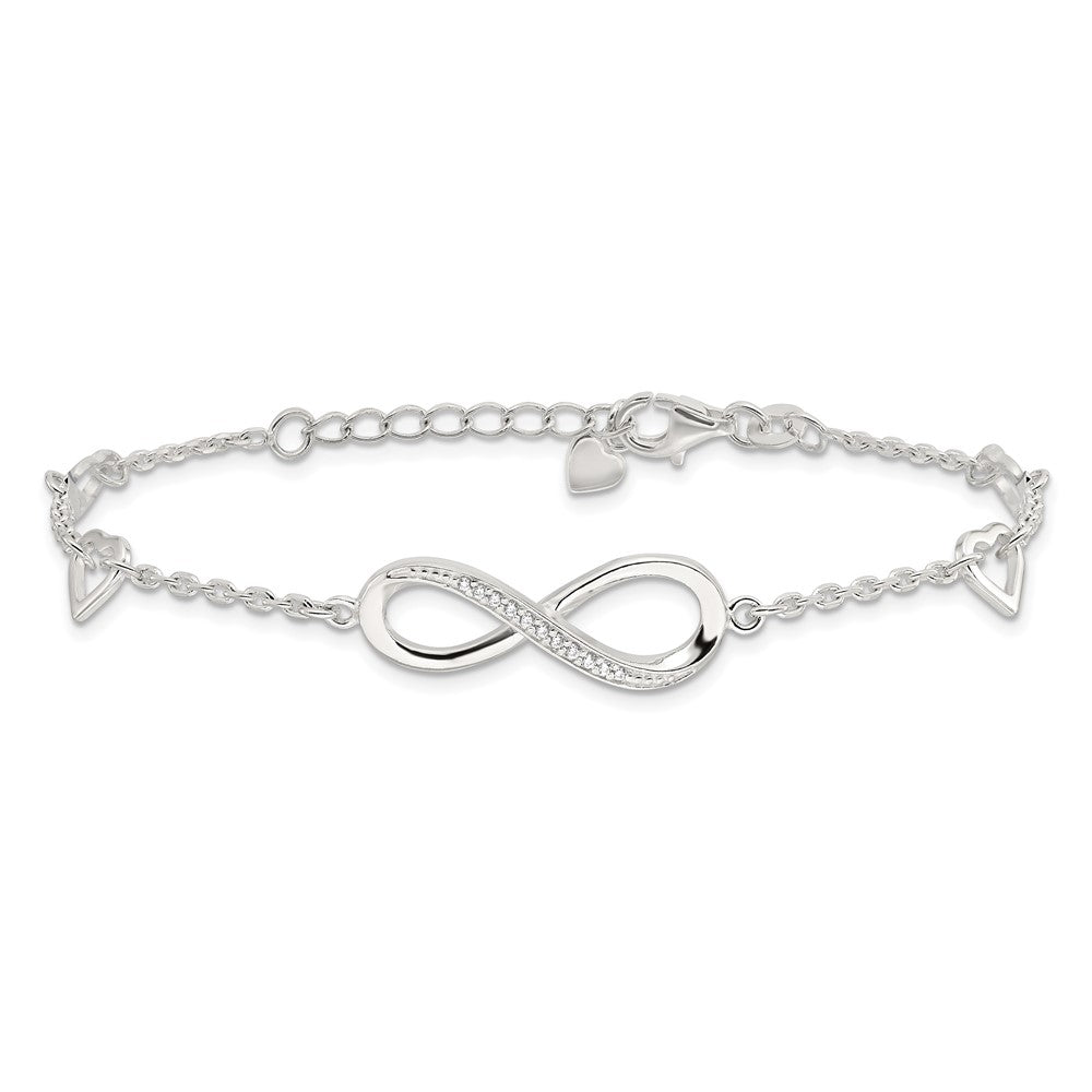 Sterling Silver Rhodium-Plated CZ Infinity/hearts 7in w/1in Ext Bracelet