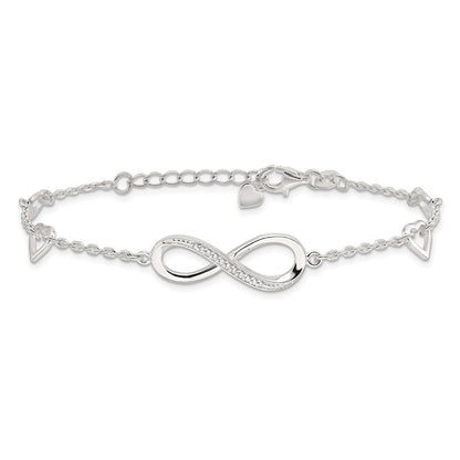 Sterling Silver Rhodium-Plated CZ Infinity/hearts 7in w/1in Ext Bracelet