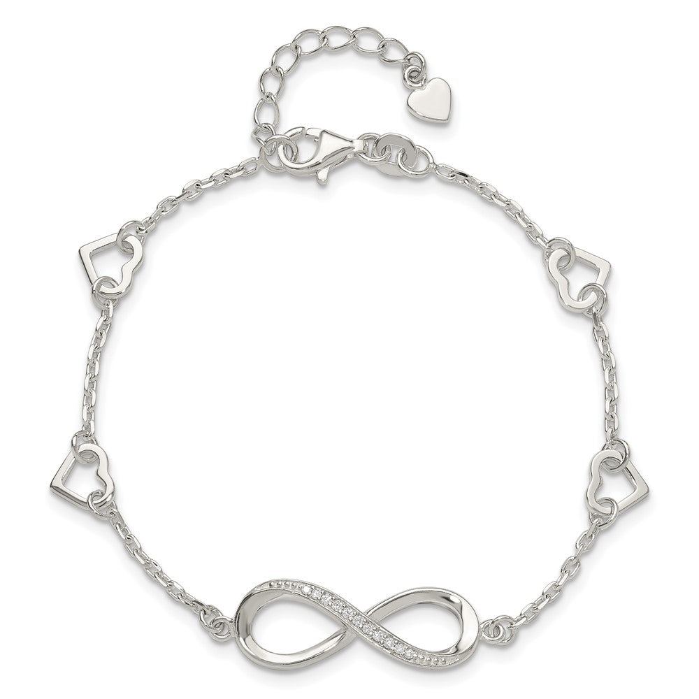 Sterling Silver Rhodium-Plated CZ Infinity/hearts 7in w/1in Ext Bracelet