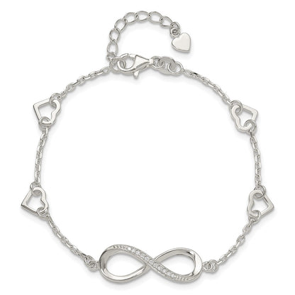 Sterling Silver Rhodium-Plated CZ Infinity/hearts 7in w/1in Ext Bracelet