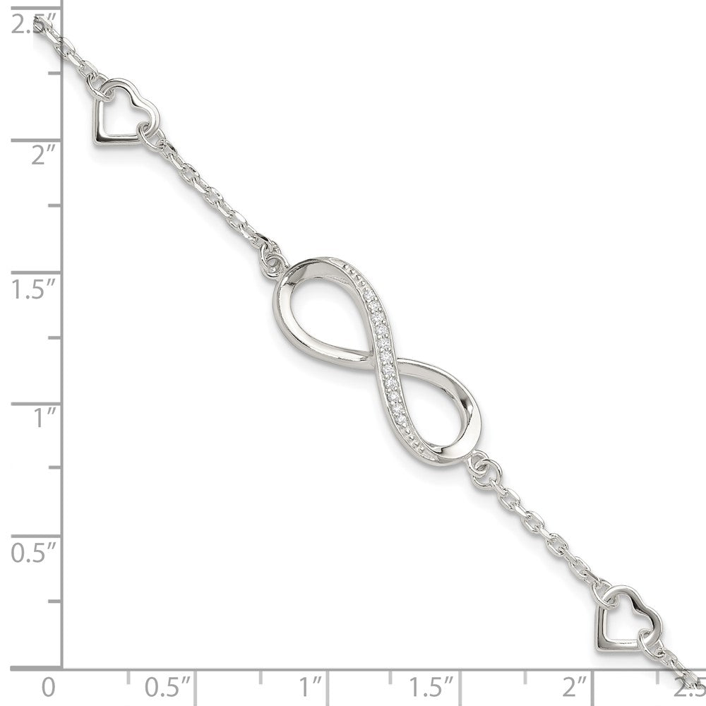 Sterling Silver Rhodium-Plated CZ Infinity/hearts 7in w/1in Ext Bracelet