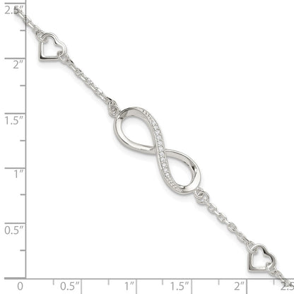 Sterling Silver Rhodium-Plated CZ Infinity/hearts 7in w/1in Ext Bracelet