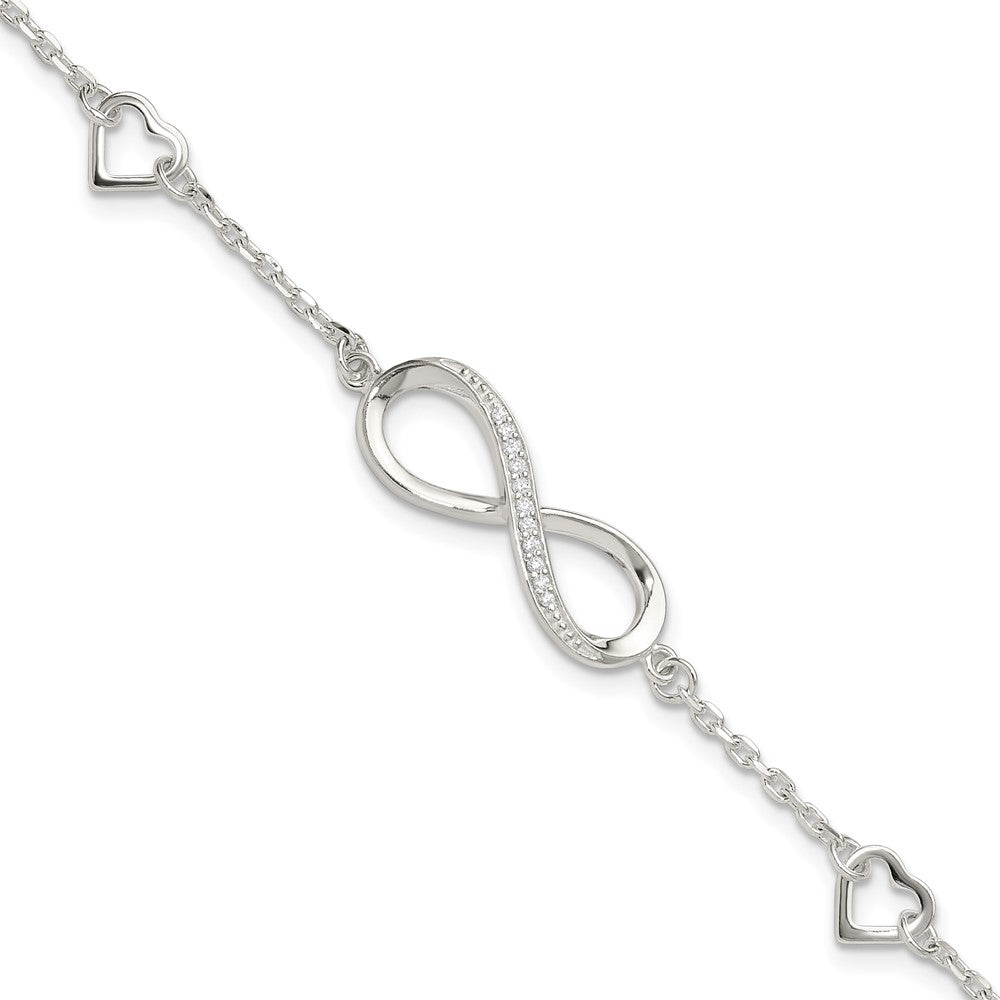 Sterling Silver Rhodium-Plated CZ Infinity/hearts 7in w/1in Ext Bracelet