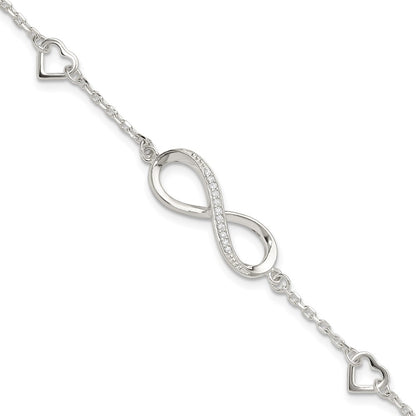 Sterling Silver Rhodium-Plated CZ Infinity/hearts 7in w/1in Ext Bracelet