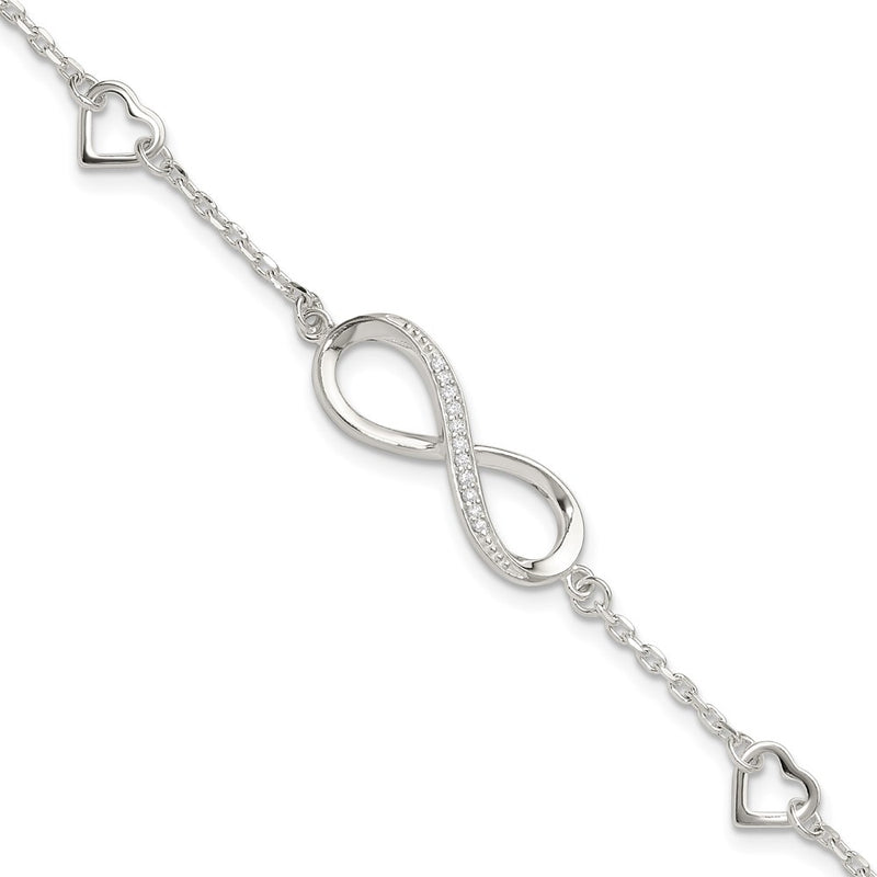 Sterling Silver Rhodium-Plated CZ Infinity/hearts 7in w/1in Ext Bracelet