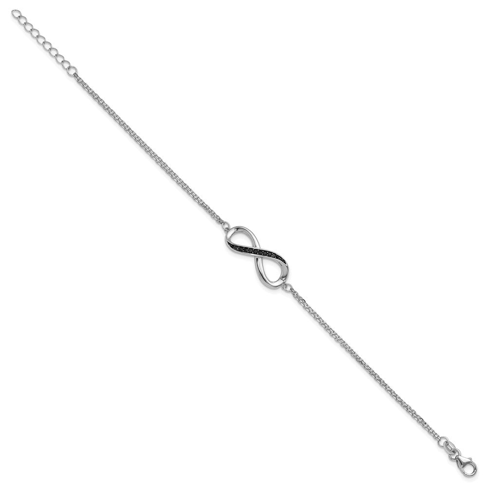 Sterling Silver Rhodium-Plated Black Spinel Infinity 7in w/1in Ext. Bracele